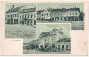 1915 Nagymihály, Michalovce; Arany Bika szálloda, Apolló gyógyszertár, Kossuth Lajos utca, Gambrinus sörcsarnok és mozgószínház (mozi), Zempléni Takarékpénztár Részvénytársaság, Strompl Jenő és István, Glück Mór üzlete. Ifj. Grünfeld Mór kiadása / hotel, pharmacy, street view, beer hall and cinema, savings bank, shops (szakadás / tear)
