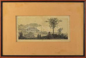 Gross Arnold (1929-2015): Balatoni táj (1954). Rézkarc, papír, jelzett, apró felületi sérülésekkel, kopásokkal. Üvegezett fakeretben, 10,5×24 cm