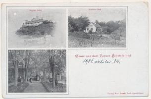 Kőhalom, Cohalm, Reps, Rupea; Gruss aus dem Repser Schwefelbad. Repser Burg, Warmes Bad / vár este holdfényben, kénfürdő. Rud. Jacobi kiadása / castle at night in moonlight, sulfur baths (EK)