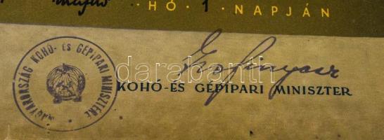 1954 Nagyméretű szocreál oklevél a Sztálin Vasmű dolgozója részére, terv: Légrády Sándor. Szélén min...