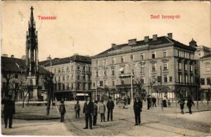 Temesvár, Timisoara; Jenő herceg tér, Rukavina emlékmű, Turul cipőgyár rt. főraktára, Temesvári Takarékpénztár, üzletek / square, monument, shops, savings bank (gyűrődés / crease)