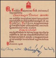 1938 Kolozsvár, az Erdélyi Szépmíves Céh által kiállított oklevél neves emberek nyomtatott aláírásáv...