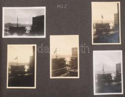 1935 Kb 150 db érdekes fotó albumban: Budapest Lánchíd, azóta lerombolt ház erkélyéről készített fotók, sok Balaton és környéke fotó, autók, repülők, Zsámbék, stb Feliratozott lapokon.