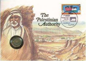 Palesztin Nemzeti Hatóság, benne Izrael 5a Cu-Al-Ni felbélyegzett borítékban, bélyegzéssel, német nyelvű leírással T:UNC Palestinian Authority, within Israel 5 Agorot Cu-Al-Ni in envelope with stamp and cancellation, with German description C:UNC