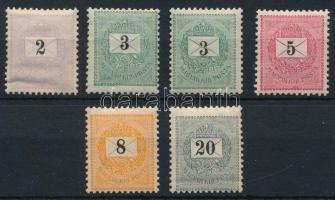 1889 6 db krajcáros bélyeg, az egyik 3kr lecsúszott értékszámmal (20.700+) (2kr, 20kr ránc / crease)