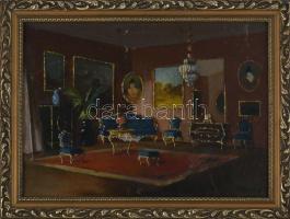 Burchard-Bélaváry István (1864-1933): Enteriőr festményekkel. Olaj, karton, jelzett. Apró felületi sérülésekkel. Dekoratív fakeretben, 25×34,5 cm