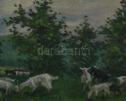 Olvashatatlan jelzéssel (jobbra lent), XX. sz. első fele: Kecskék pásztorral. Olaj, karton. Dekoratí...