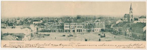 1904 Csák, Csákova, Ciacova; Fő tér, piac, Micsa Testvérek, Schönborn Gyula, J. Pantits, Mesterovits &amp; Jovánovits üzlete. 2- részes kinyitható panorámalap / main square, market, shops. 2-tiled folding panoramacard (hajtásnál kis szakadás / bent til broken)