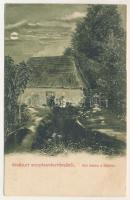 Bikszád-fürdő, Bicsad, Baile Bixad; vízimalom a faluban, este holdfényben. Fénynyomat Divald K. fia műintézetéből 1910. Dupla nyomás, zöld / watermill at night in moonlight (fa)