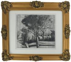Toroczkai Oszvald (1884-1951): Faluvége. Rézkarc, papír. Jelzés nélkül. Dekoratív, üvegezett, kissé sérült fakeretben. 20x24,5 cm