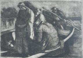 Toroczkai Oszvald (1884-1951): Tiszai átkelés. Rézkarc, papír. Jelzés nélkül. Üvegezett, kissé kopott fakeretben. 20x25 cm