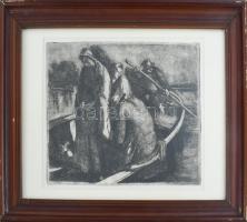 Toroczkai Oszvald (1884-1951): Tiszai átkelés. Rézkarc, papír. Jelzés nélkül. Üvegezett, kissé kopot...