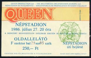 1986 Bp., a Népstadionban rendezett Queen koncert belépőjegye, hátán kis sérüléssel