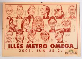 2001 "Illés Metro Omega" nyomtatvány az együttesek tagjainak karikatúráival, nyomtatott aláírásokkal, üvegezett képkeretben, 21x30 cm