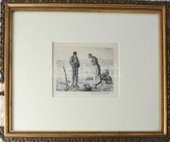 Marcel Jacque (1906-1981), Millet után: Esti ima. Rézkarc, papír. Üvegezett, sérült fakeretben. 9×12...