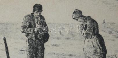 Marcel Jacque (1906-1981), Millet után: Esti ima. Rézkarc, papír. Üvegezett, sérült fakeretben. 9×12...