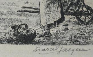 Marcel Jacque (1906-1981), Millet után: Esti ima. Rézkarc, papír. Üvegezett, sérült fakeretben. 9×12...