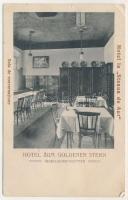 Segesvár, Schässburg, Sighisoara; Hotel la Steaua de Aur, Sala de conversatiune / Hotel Zu Goldenen Sternen, Gesellschaftszimmer. Fritz Balthes Architekt / Szálloda az Arany Csillaghoz, ebédlő, belső / hotel, dining room, interior (fa)
