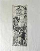 Kondor Béla (1931-1972): Zene hajnaltájt. Rézkarc, papír. Jelzett. Számozott: 50/43. 40x14,5 mm. Lap széle hajtott és kissé foltos.