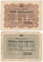 1849. 15kr + 30kr "Kossuth bankó" T:F,VG egyiken anyaghiány Adamo G102, G103
