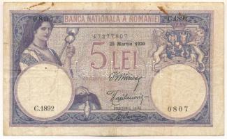 Románia 1920. 5L "Románia 1920. 5L "C.1892 0807" T:F,VG fo. Romania 1920. 5 Lei "C.1892 0807" C:F,VG spotted Krause P#19a