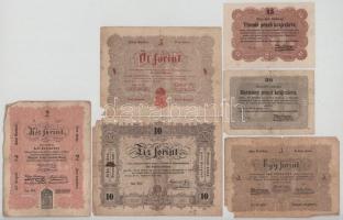 1848-1849. 6db-os Kossuth-bankó tétel, benne: 1848. 1Ft + 2Ft + 5Ft vörösesbarna + 10Ft + 1849. 15kr + 30kr T:F-G némelyiken anyaghiány, illetve mindegyiken kisebb-nagyobb beszakadások