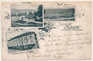 Piski, Simeria; csárda, híd, M. kir. állami iskola. Főző József kiadása / inn, bridge, school. Art Nouveau, floral (r)