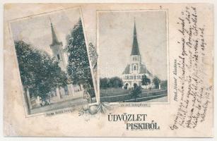 1902 Piski, Simeria; Római katolikus templom, Református templom. Főző József kiadása / inn, bridge, school. Art Nouveau, floral (r)