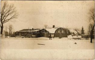 1917 Osztrák-magyar katonai barakk, télen / WWI Austro-Hungarian K.u.K. military barracks at winter, photo + "K. K. Landsturminfanterieregiment Nr. 1. 11. Feldkompagnie" (EK)