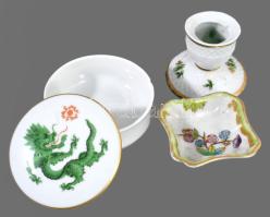 Herendi, Meisseni, Hollóházi porcelán kis tárgyak 3 db, a Meisseni bombonnieren, kis lepattanás.
