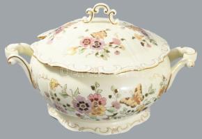 Zsolnay pillangó mintás hat személyes étkészlet plusz sótartó, (két lapos tányér hiánnyal) kézzel fe...