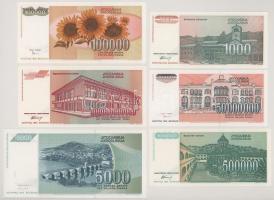 Jugoszlávia 1993. 5000D + 1994. 500.000.000.000D + 100.000D + 500.000D + 50.000.000D + 1994. 1000D. ...