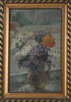 Jancsek Antal (1907-1985): Virágcsendélet tájban. Olaj, karton. Jelezve jobbra lent. Dekoratív, sérült fakeretben. 39,5×25 cm