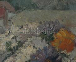 Jancsek Antal (1907-1985): Virágcsendélet tájban. Olaj, karton. Jelezve jobbra lent. Dekoratív, sérü...