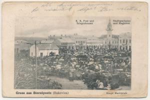 1916 Storozhynets, Storojinet, Storoschynez, Storozyniec, Storozynetz (Bukovina, Bucovina, Bukowina); Haupt Marktplatz, K.k. Post und Telegrafenamt, Stadtsparkasse und Magistrat / market square, post and telegraph office, savings bank and town hall. Verlag B. Zimmet (worn corners)