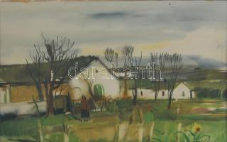 Szalóky Sándor (1921-1978): Présház. Akvarell, papír, jelezve jobbra lent, hátoldalán Képcsarnok Vállalat címkéivel, 35×47,5 cm. Üvegezett fakeretben.