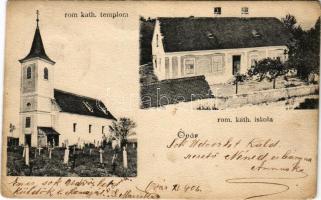 1906 Pinkaóvár, Óvár, Burg (Sámfalva, Hannersdorf); Római katolikus templom és iskola, temető. Graf Gyula kiadása / Catholic church and school, cemetery + "PINKAFŐ - SZOMBATHELY 146. SZ." vasúti mozgóposta bélyegző (EK)