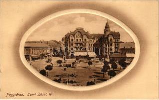 1913 Nagyvárad, Oradea; Szent László tér, piac, Fekete Sas szálloda, étterem és kávéház, üzletek, villamos, vaskereskedés, Gép- és Műszaki Vállalat, zsinagóga. Sipos József kiadása / square, market, hotel, restaurant and café, shops, tram, synagogue