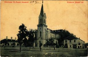 1908 Újszentanna, Új-Szt.-Anna, Szentanna, Santana; Ferenc József tér, római katolikus templom. W. L. 2990. / main square, Roman Catholic church (EB)