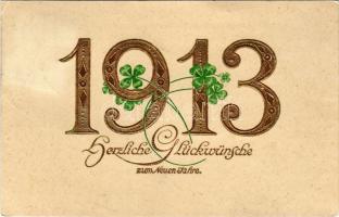 1913 Herzliche Glückwünsche zum Neuen Jahre / New Year greeting art postcard with clovers. Emb.