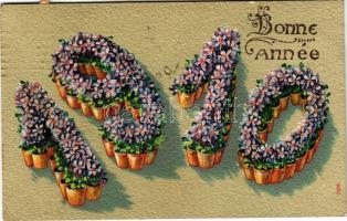Bonne année / New Year greeting art postcard with flowers. Emb. litho