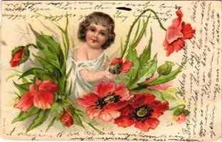 1904 Kislány pipacsokkal. Dombornyomott litho / girl with poppy flowers. Serie 128. Emb. litho (EM)
