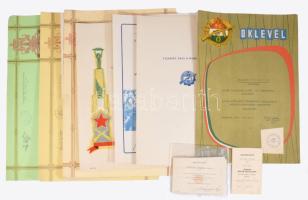 ca 1970-1990 8 db klf érdekes szocreál oklevél, közötte katonai, Munkásőr, stb + 4 db kitüntetés viselési igazolvány