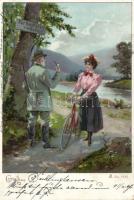 Hunter and cyclist lady litho