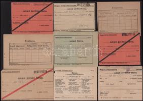1940-1950 k. 9db "Magyar Királyi Államvasutak" és "Magyar Államvasutak" sérülési bárca, fékbárca, javítási bárca, stb., több darabon "Nyíregyháza" bélyegzés. Mind kitöltetlen, egyiken "Török" aláírással.