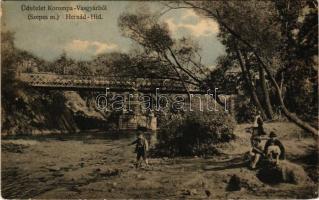 1912 Korompa, Krompach, Krompachy (Szepes); vasgyár, iparvasút, Hernád, híd. Balkányi S. kiadása / ironworks, iron factory, industrial railway, bridge + "KOROMPA P.U." + "RUTTKA - KASSA 181. SZ." vasúti mozgóposta bélyegző (ázott sarok / wet corner)