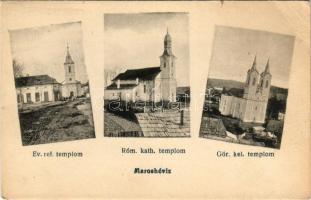 Maroshévíz, Oláhtoplica, Toplita; Református, Római katolikus és Görögkeleti templom. Szabó Fülöp kiadása / Calvinist, Roman Catholic and Greek Orthodox church (EB)