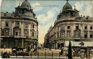 1913 Kolozsvár, Cluj; Szentegyház utca, Státus paloták, Triesti Általános Biztosító, The Gresham Életbiztosító társaság, Haraszthy Jenő és Frank Kiss János és fiai üzlete. Bernát kiadása / street view with insurance companies and shops (kis szakadás / small tear)