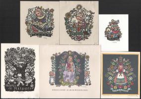 Bauer-Klimbacher, Maria (1911-2000): 6 db ex libris és kisgrafika. Klf. technikák, papír, mindegyik jelzett, klf. méretekben. Hátoldalán paszpartuzás nyomaival.