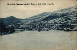 1915 Máramaros, Maramures; Tisza és Visó folyó egyesülése, híd, tél. Berger Miksa utóda kiadása / Tisza and Viseu rivers merging, bridge, winter + "K.u.k. Kommando der 28. Eisenbahnkompagnie" (EK)